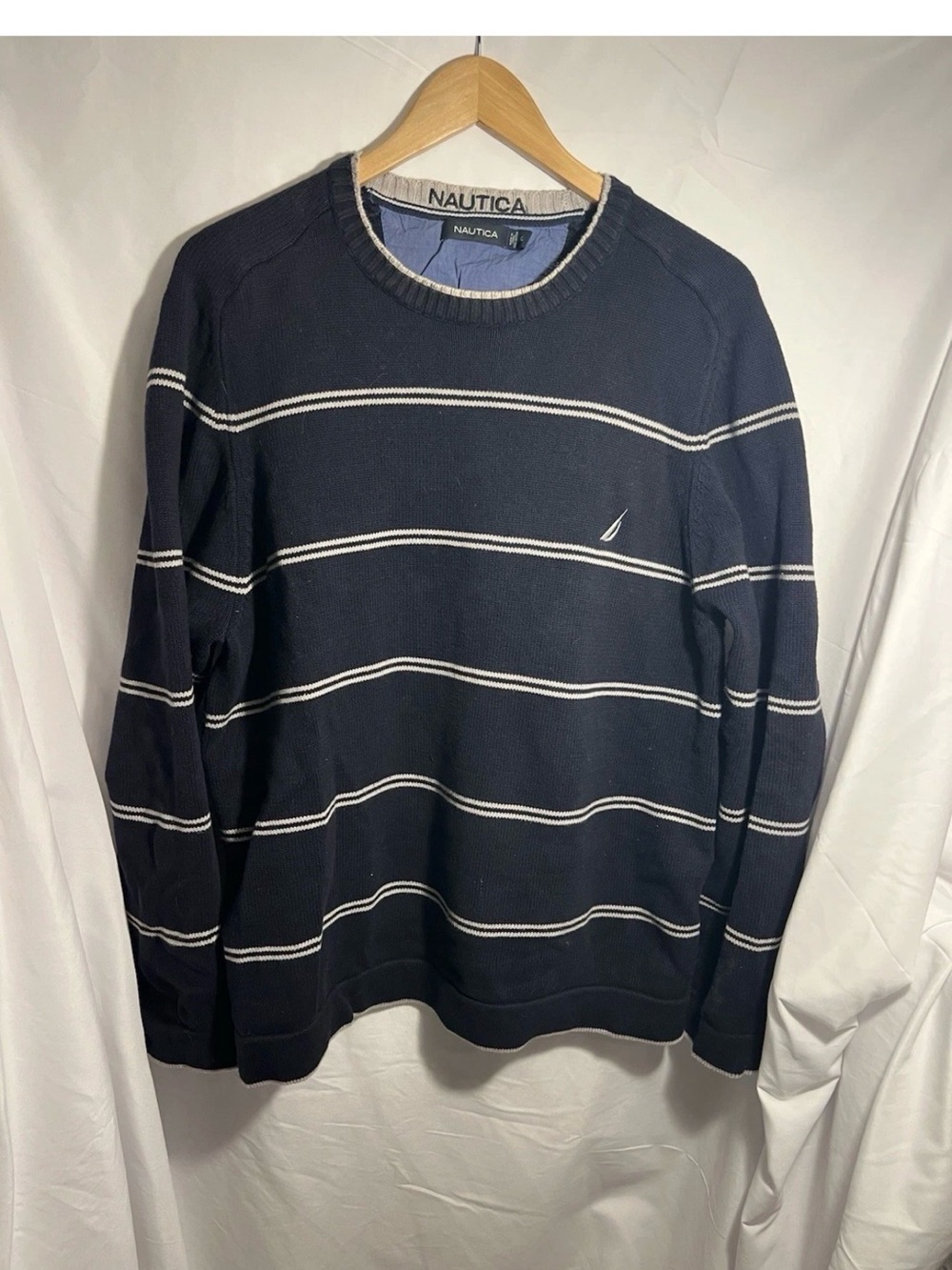 Vintage Nautica Navy Crewneck Sweater with White Stripes